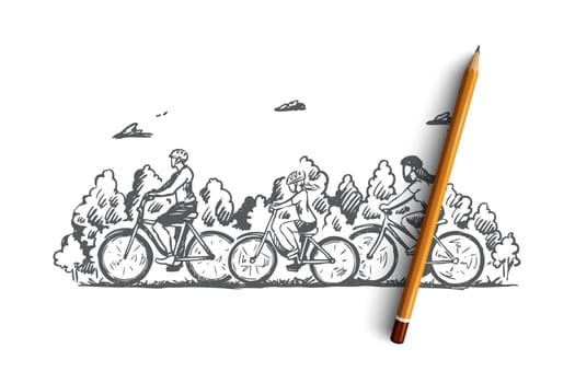 Family, bicycle, sport, activity, together concept. Hand drawn family with kids riding bicycles concept sketch. Isolated vector illustration.