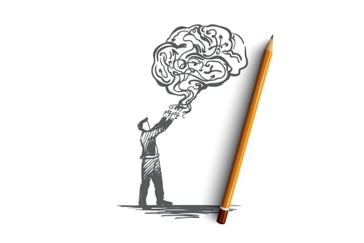 Business idea, creative, brainstorming, solution, creativity concept. Hand drawn man and cloud in shape of brain concept sketch. Isolated vector illustration.