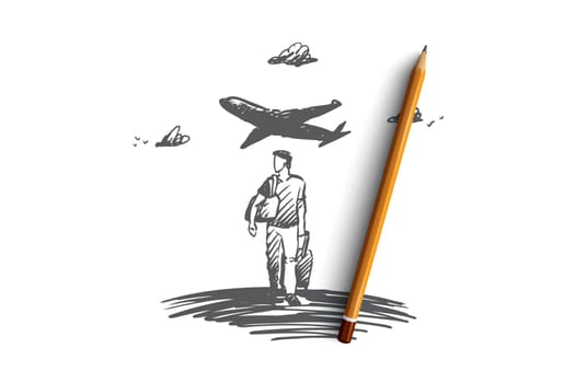 Travel, holiday, business trip, vacation concept. Hand drawn man with luggage, airplane on background concept sketch. Isolated vector illustration.