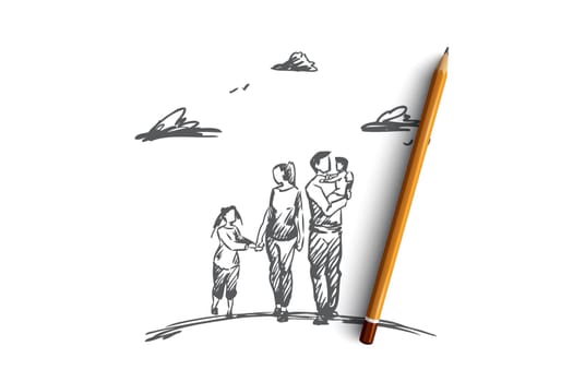 Family time, parents, children, leisure concept. Hand drawn mother, father and children walking together concept sketch. Isolated vector illustration.