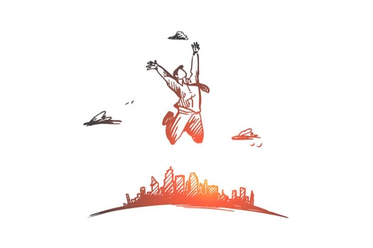 Success, leader, winner, achievement and businessman concept. Hand drawn happy businessman jumping concept sketch. Isolated vector illustration.