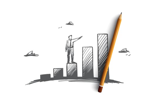 Investments, profit, prospect, business, growth concept. Hand drawn businessman standing on growing chart as symbol of success concept sketch. Isolated vector illustration.