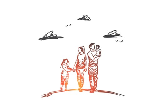 Family time, parents, children, leisure concept. Hand drawn mother, father and children walking together concept sketch. Isolated vector illustration.