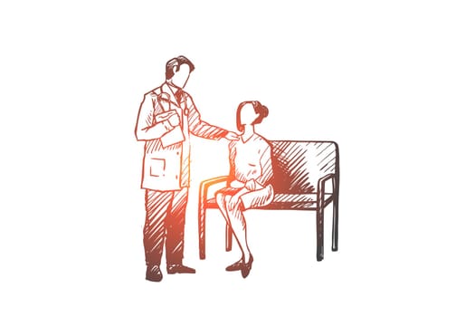 Diagnosis, doctor, patient, oncology, clinic concept. Hand drawn doctor talks with a female patient in hospital concept sketch. Isolated vector illustration.