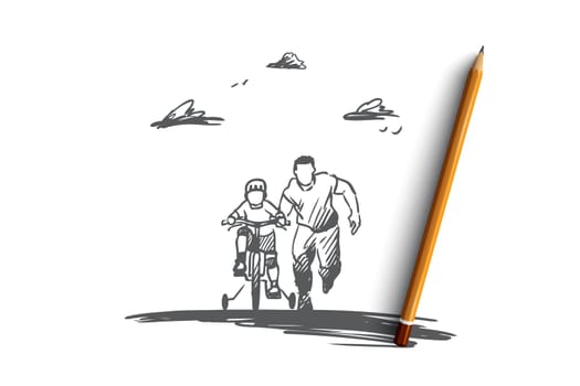 Father, day, family, child, happy concept. Hand drawn dad with son ride bicycles concept sketch. Isolated vector illustration.