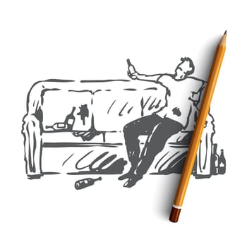Alcoholism, man, drunk, bottle, sofa concept. Hand drawn drunk man with bottle sitting on sofa concept sketch. Isolated vector illustration.