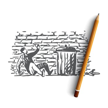 Alcoholism, man, drunk, bottle, tired concept. Hand drawn drunk man with bottle of alcohol near trash bin concept sketch. Isolated vector illustration.