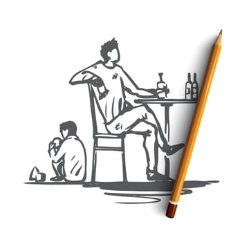 Father, alcohol, drunk, child, alcoholism concept. Hand drawn drunk father and child at home concept sketch. Isolated vector illustration.