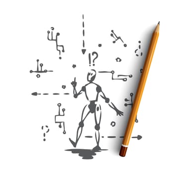 Robot, machine, scheme, microchip, android concept. Hand drawn robot and android scheme concept sketch. Isolated vector illustration.