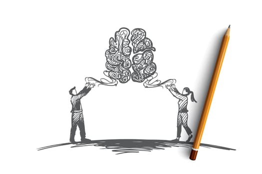 Brainstorming, idea, together, creative, teamwork concept. Hand drawn man and woman looking for new idea concept sketch. Isolated vector illustration.