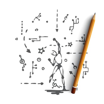 Innovation, technology, robot, scheme, android concept. Hand drawn robot with data symbols. Robot jump concept sketch. Isolated vector illustration.