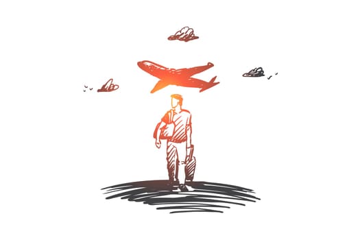 Travel, holiday, business trip, vacation concept. Hand drawn man with luggage, airplane on background concept sketch. Isolated vector illustration.