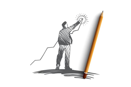 Investing, growth, profit, success concept. Hand drawn man building a chart of growing success concept sketch. Isolated vector illustration.