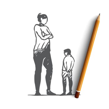 Son, mother, angry, parent, upset concept. Hand drawn mother scolds her son concept sketch. Isolated vector illustration.