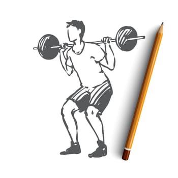 Body, fitness, gym, sport, man concept. Hand drawn man training in gym with barbell concept sketch. Isolated vector illustration.