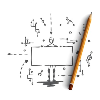 Technology, robot, scheme, android, data concept. Hand drawn robot with screen and adroid scheme concept sketch. Isolated vector illustration.
