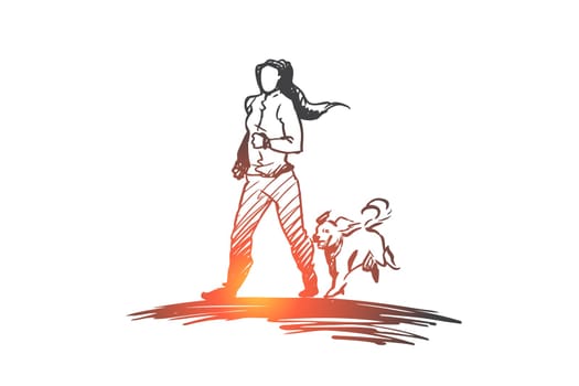 Morning jogging, walking, exercise, woman, activity concept. Hand drawn girl running with her dog concept sketch. Isolated vector illustration.