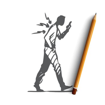 Posture, bad, spine, phone, walk concept. Hand drawn man has pain in spine while walking with mobile phone concept sketch. Isolated vector illustration.