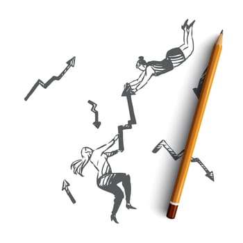 Business, arrow, woman, rivalry, success, contest concept. Hand drawn businesswomen hold an arrow concept sketch. Isolated vector illustration.