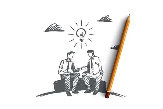 Business idea, partners, together, teamwork concept. Hand drawn business partners discussing project concept sketch. Isolated vector illustration.