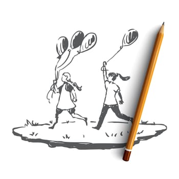 Handicapped, girl, balloon, friend, disability concept. Hand drawn handicapped girl with balloons concept sketch. Isolated vector illustration.