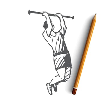 Exercise, man, pull up, sport, bodybuilding concept. Hand drawn man pull up concept sketch. Isolated vector illustration.