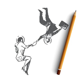 Business, space, suit, arrow, women, fly concept. Hand drawn businesswomen flying in space suit holding arrow concept sketch. Isolated vector illustration.
