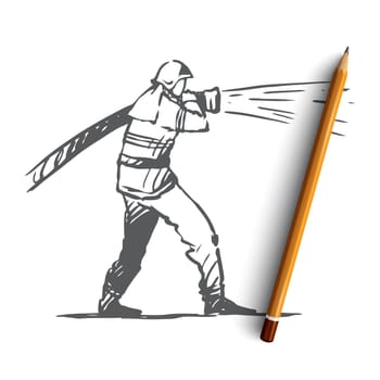 Firefighter, emergency, fire, helmet, rescue concept. Hand drawn firefighter in uniform concept sketch. Isolated vector illustration.