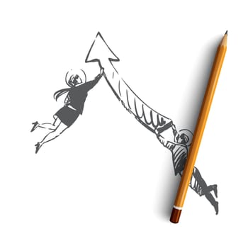 Business, space, suit, arrow, people, fly concept. Hand drawn business people flying in space suit holding arrow concept sketch. Isolated vector illustration.