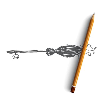 Broom, Halloween, witch, autumn, holiday concept. Hand drawn flying broom of witch concept sketch. Isolated vector illustration.