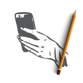 Smartphone, hand, screen, finger, mobile concept. Hand drawn mobile smartphone in human's hands concept sketch. Isolated vector illustration.