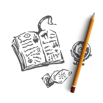 Magic, book, Halloween, holiday, snake concept. Hand drawn magic book with spells concept sketch. Isolated vector illustration.