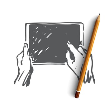 Tablet, screen, hands, hold, display concept. Hand drawn finger touch tablet's screen concept sketch. Isolated vector illustration.