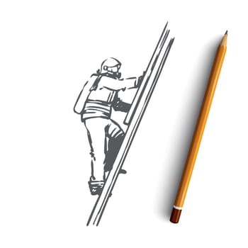 Firefighter, fire, rescue, danger, stairs concept. Hand drawn firefighter climbs the stairs concept sketch. Isolated vector illustration.