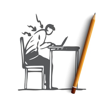 Posture, bad, spine, sit, table, wrong concept. Hand drawn man works at the computer in wrong posture concept sketch. Isolated vector illustration.