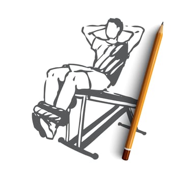 Abdominal, exercises, body, building, workout concept. Hand drawn man doing abdominal exercises in gym concept sketch. Isolated vector illustration.