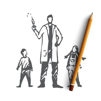 Children, doctor, vaccine, health, care concept. Hand drawn doctor vaccinates children concept sketch. Isolated vector illustration.