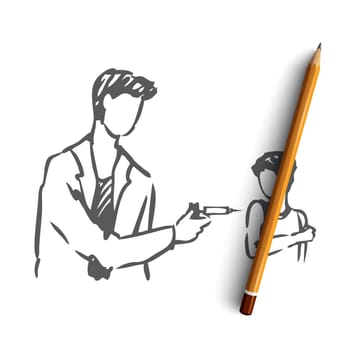 Kid, doctor, vaccine, injection, boy concept. Hand drawn doctor vaccinates a child concept sketch. Isolated vector illustration.