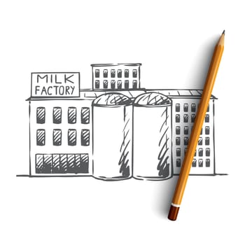 Milk, factory, plant, production, industry concept. Hand drawn buildings of milk production factory concept sketch. Isolated vector illustration.