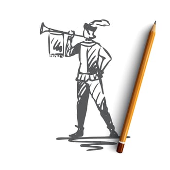 Trumpeter, medieval, trumpet, message, ancient concept. Hand drawn medieval trumpeter in ancient style clothes concept sketch. Isolated vector illustration.