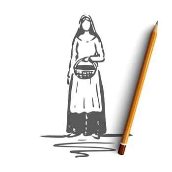 Medieval, woman, dress, costume, ancient concept. Hand drawn woman with basket in medieval dress concept sketch. Isolated vector illustration.