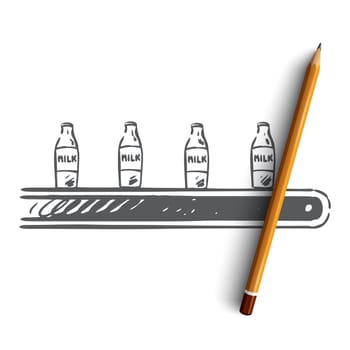 Milk, factory, line, processing, machine concept. Hand drawn milk production line with bottles concept sketch. Isolated vector illustration.