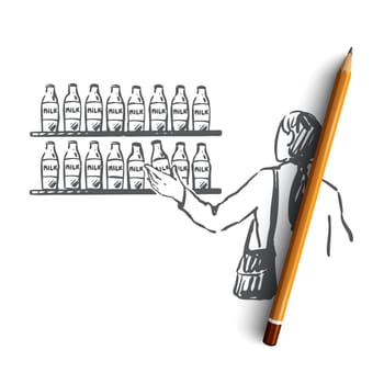 Milk, shop, customer, store bottle concept. Hand drawn fresh milk on the shop shelves and customer concept sketch. Isolated vector illustration.
