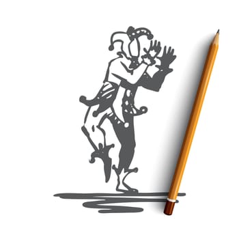 Jester, medieval, character, hat, clown concept. Hand drawn jester in comic dress concept sketch. Isolated vector illustration.