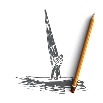 Windsurfing, water, sea, summer, sport concept. Hand drawn summer extreme sport windsurfing skiing concept sketch. Isolated vector illustration.