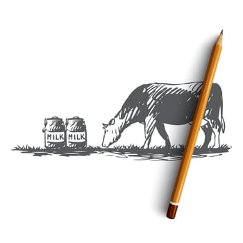 Milk, cow, farm, production, bottle concept. Hand drawn cow and bottles with fresh milk concept sketch. Isolated vector illustration.