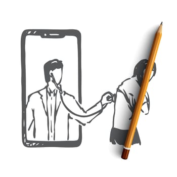Doctor, online, medicine, stethoscope, help concept. Hand drawn doctor makes a diagnosis on the internet concept sketch. Isolated vector illustration.