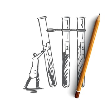 Water, purification, liquid, test tube, pollution concept. Hand drawn chemical experiments with water concept sketch. Isolated vector illustration.
