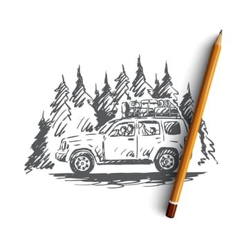 Travel, car, forest, trip, adventure concept. Hand drawn people traveling by car in mountains concept sketch. Isolated vector illustration.