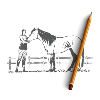 Animal, horse, health, prosthesis, help concept. Hand drawn horse with leg prosthesis. Wild animal rescue concept sketch. Isolated vector illustration.